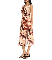 Donna Morgan Cowl Neck Front Slit Printed Midi Dress
