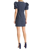 Donna Morgan Creased Knit Crew Neck Short Puff Sleeve Mini Dress