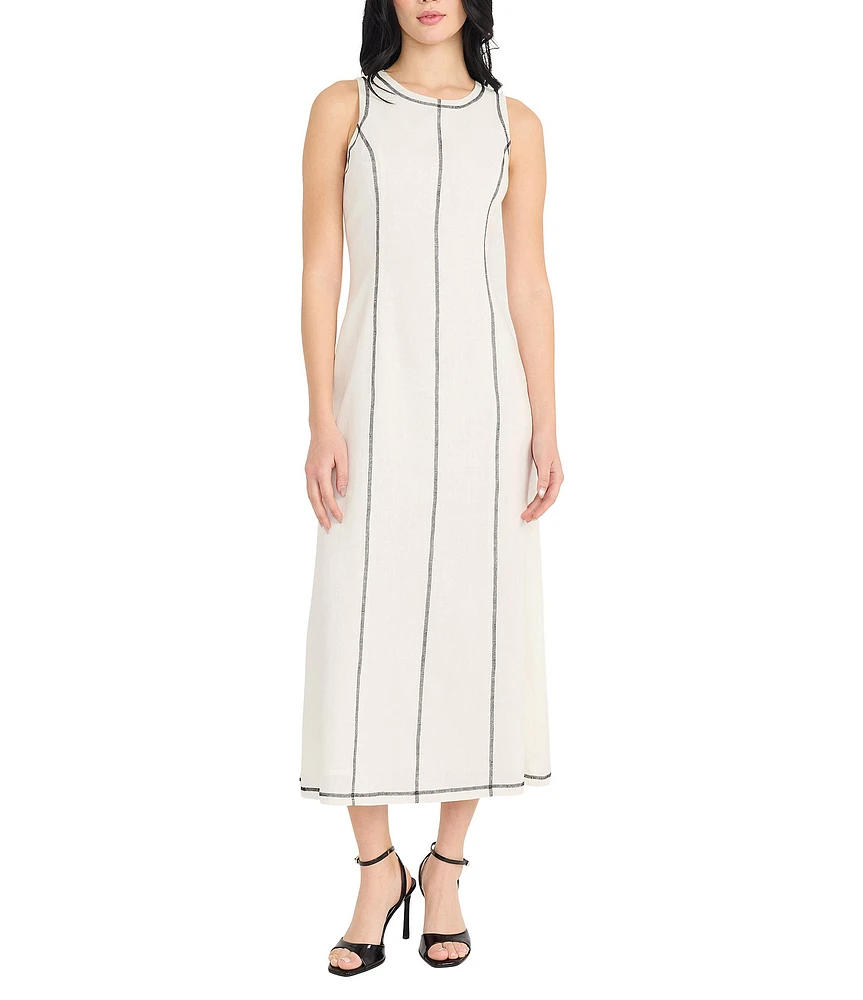 Donna Morgan Crew Neck Contrast Top Stitched Linen Blend Midi Dress