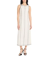 Donna Morgan Crew Neck Contrast Top Stitched Linen Blend Midi Dress