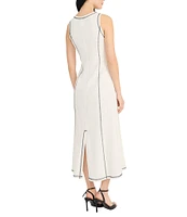 Donna Morgan Crew Neck Contrast Top Stitched Linen Blend Midi Dress