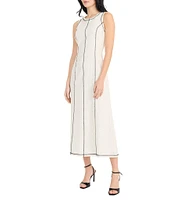 Donna Morgan Crew Neck Contrast Top Stitched Linen Blend Midi Dress