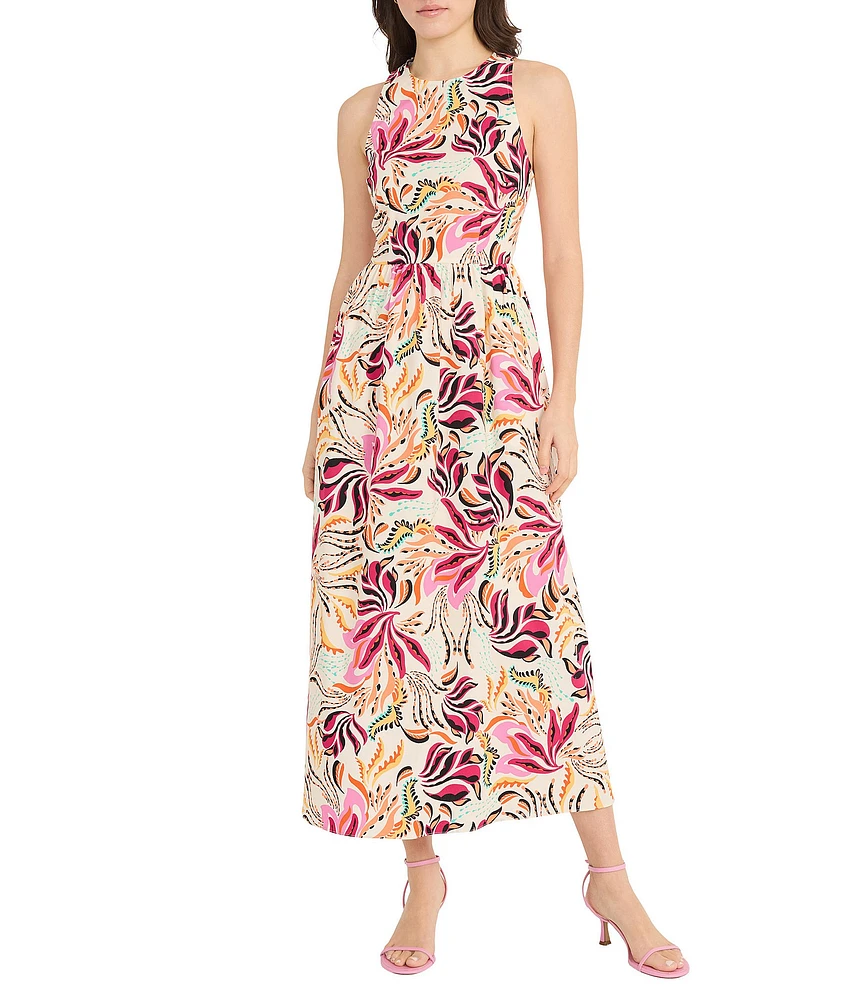Donna Morgan Crew Neck Floral Print Cotton Poplin Midi Dress