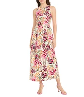 Donna Morgan Crew Neck Floral Print Cotton Poplin Midi Dress