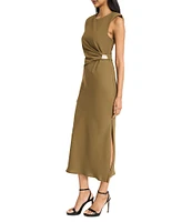 Donna Morgan Crew Neck Sleeveless Ruched Waist Sheath Midi Dress