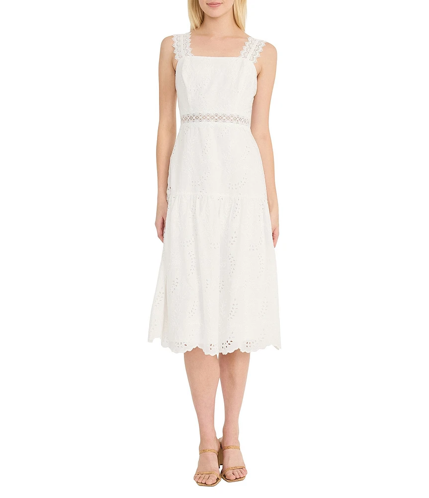 Donna Morgan Eyelet Square Neck Sleeve Lace Trim Blouson Midi Dress
