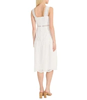 Donna Morgan Eyelet Square Neck Sleeve Lace Trim Blouson Midi Dress