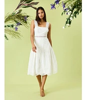 Donna Morgan Eyelet Square Neck Sleeve Lace Trim Blouson Midi Dress