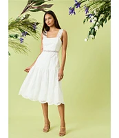 Donna Morgan Eyelet Square Neck Sleeve Lace Trim Blouson Midi Dress