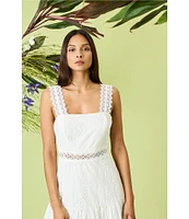 Donna Morgan Eyelet Square Neck Sleeve Lace Trim Blouson Midi Dress