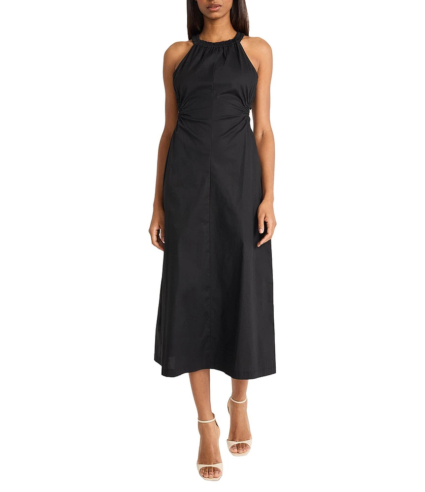 Donna Morgan Halter Neck Sleeveless Side Cut Out Cotton Poplin Midi Dress