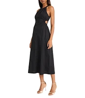 Donna Morgan Halter Neck Sleeveless Side Cut Out Cotton Poplin Midi Dress