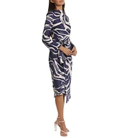 Donna Morgan Printed High Mock Neck Long Sleeve Tie Waist Draped Asymmetrical Hemline Dress