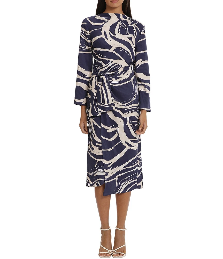 Donna Morgan Printed High Mock Neck Long Sleeve Tie Waist Draped Asymmetrical Hemline Dress