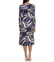 Donna Morgan Printed High Mock Neck Long Sleeve Tie Waist Draped Asymmetrical Hemline Dress