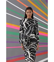 Donna Morgan Printed High Mock Neck Long Sleeve Tie Waist Draped Asymmetrical Hemline Dress