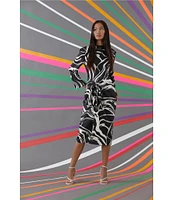 Donna Morgan Printed High Mock Neck Long Sleeve Tie Waist Draped Asymmetrical Hemline Dress