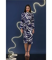 Donna Morgan Printed High Mock Neck Long Sleeve Tie Waist Draped Asymmetrical Hemline Dress