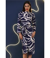 Donna Morgan Printed High Mock Neck Long Sleeve Tie Waist Draped Asymmetrical Hemline Dress