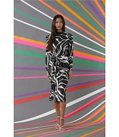 Donna Morgan Printed High Mock Neck Long Sleeve Tie Waist Draped Asymmetrical Hemline Dress