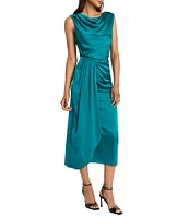 Donna Morgan Light Charmeuse Boat Neck Sleeveless Draped Hem Sheath Dress