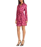 Donna Morgan Light Charmeuse Wrap Silhouette Collared V Neckline Long Sleeve Overlap Mini Dress