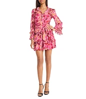 Donna Morgan Long Sleeve Tiered Ruffled Button Front Mini Shirt Dress