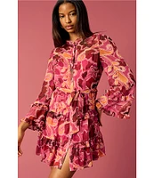 Donna Morgan Long Sleeve Tiered Ruffled Button Front Mini Shirt Dress