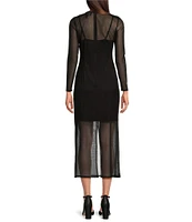 Donna Morgan Mesh Crew Neck Long Sleeve Mini Slip Midi Dress