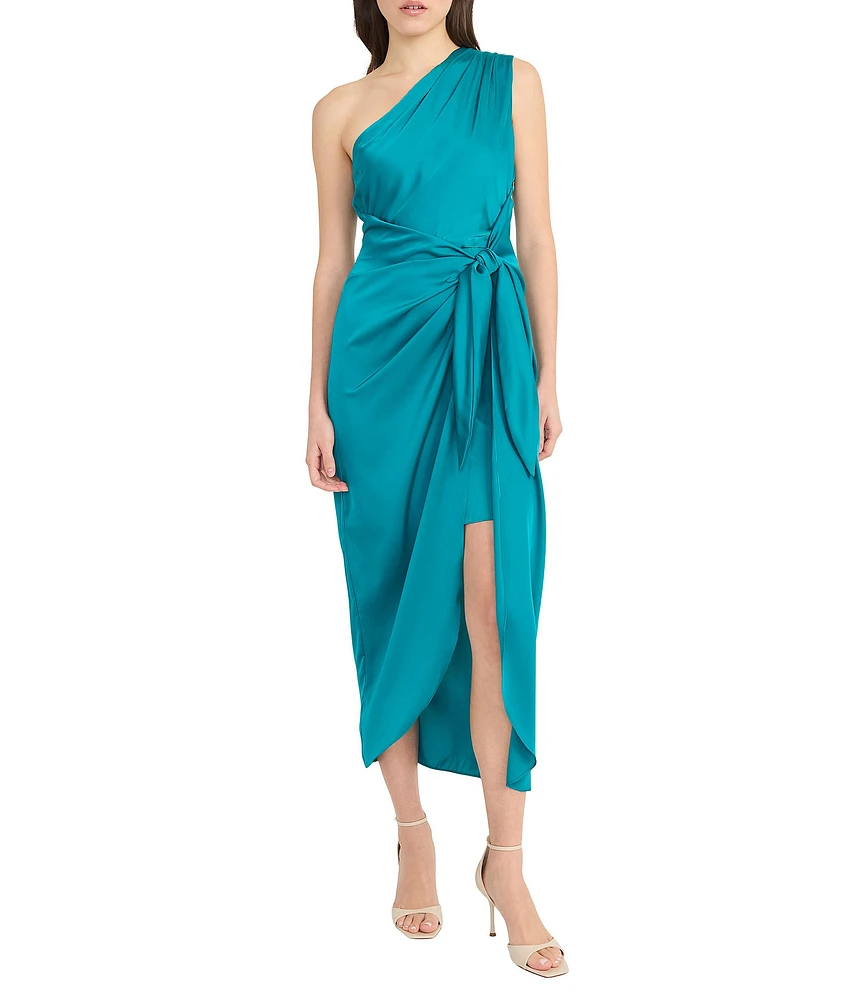 Donna Morgan One Shoulder Tie Waist Draped Skirt Dress