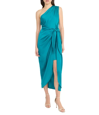 Donna Morgan One Shoulder Tie Waist Draped Skirt Dress