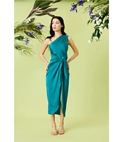 Donna Morgan One Shoulder Tie Waist Draped Skirt Dress
