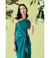Donna Morgan One Shoulder Tie Waist Draped Skirt Dress