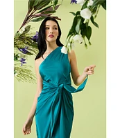 Donna Morgan One Shoulder Tie Waist Draped Skirt Dress