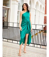 Donna Morgan One Shoulder Tie Waist Draped Skirt Dress