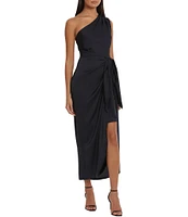 Donna Morgan One Shoulder Tie Waist Draped Skirt Dress