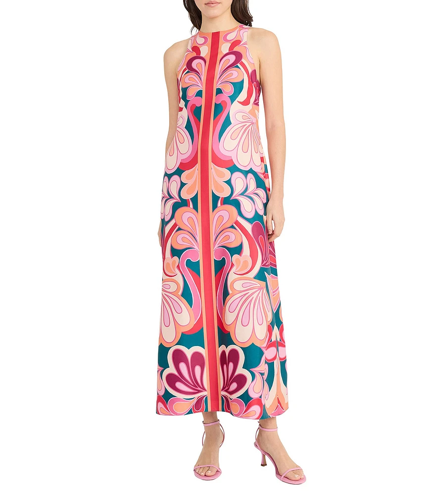 Donna Morgan Poly Twill Abstract Print Halter Neck Sleeveless Shift Maxi Dress