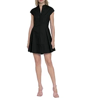 Donna Morgan Poplin Mock Neck Cap Sleeve Button Front Mini Dress