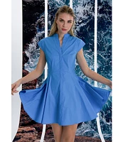 Donna Morgan Poplin Mock Neck Cap Sleeve Button Front Mini Dress