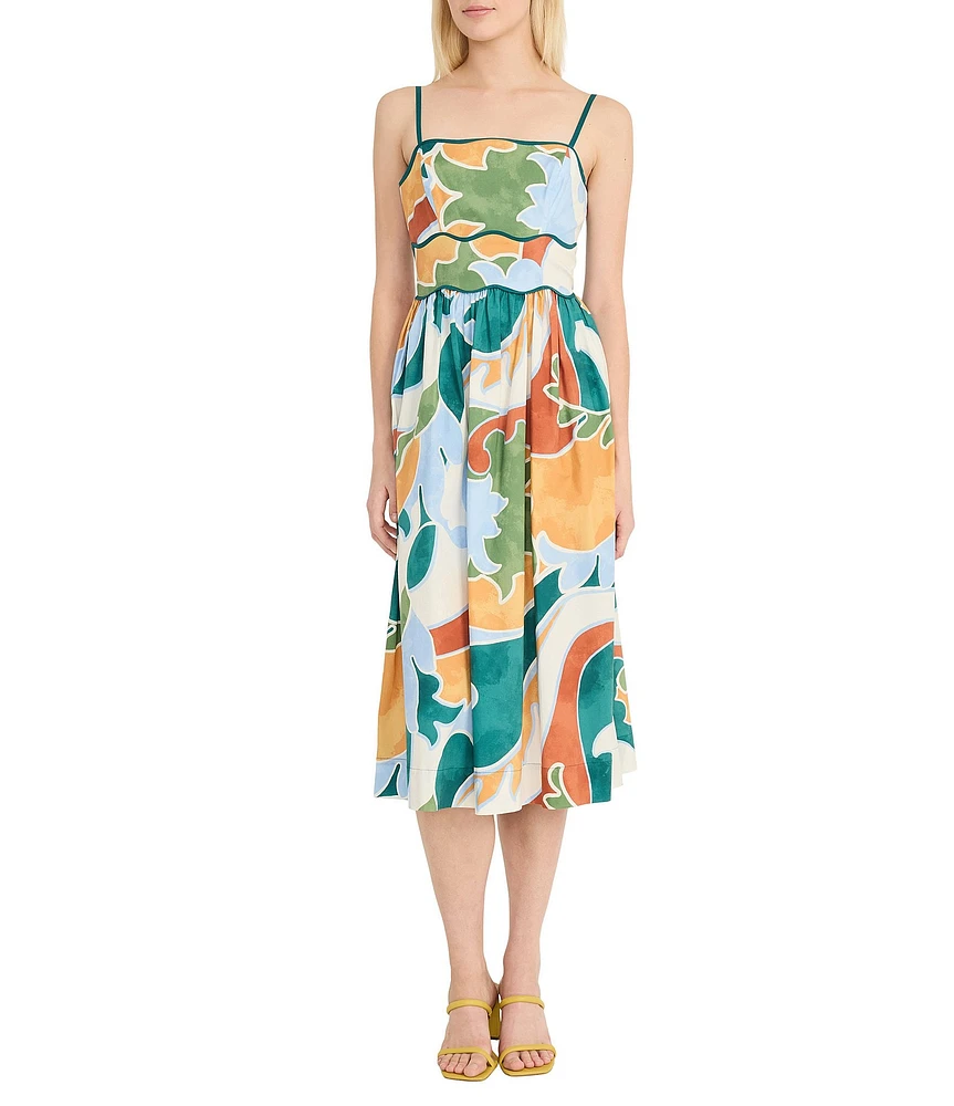Donna Morgan Poplin Multi Print Square Neck Sleeveless Scalloped Trim Midi Dress
