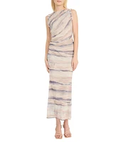Donna Morgan Power Mesh Multi Print Boat Neck Sleeveless Sheath Midi Dress