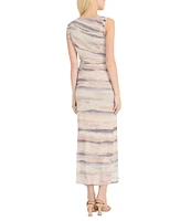 Donna Morgan Power Mesh Multi Print Boat Neck Sleeveless Sheath Midi Dress
