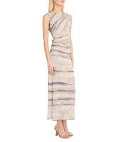Donna Morgan Power Mesh Multi Print Boat Neck Sleeveless Sheath Midi Dress