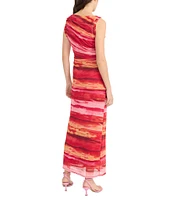 Donna Morgan Power Mesh Multi Print Boat Neck Sleeveless Sheath Midi Dress