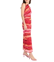 Donna Morgan Power Mesh Multi Print Boat Neck Sleeveless Sheath Midi Dress
