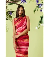 Donna Morgan Power Mesh Multi Print Boat Neck Sleeveless Sheath Midi Dress