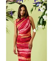 Donna Morgan Power Mesh Multi Print Boat Neck Sleeveless Sheath Midi Dress