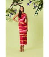 Donna Morgan Power Mesh Multi Print Boat Neck Sleeveless Sheath Midi Dress