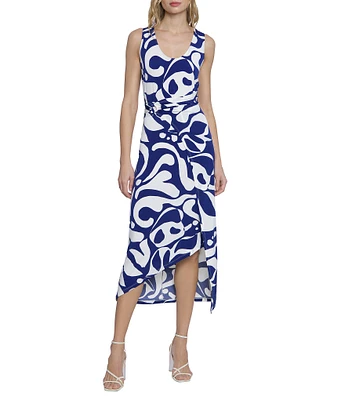 Donna Morgan Printed Matte Jersey Scoop Neck Sleeveless O-Ring Belt Midi Dress