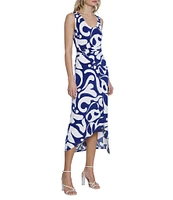 Donna Morgan Printed Matte Jersey Scoop Neck Sleeveless O-Ring Belt Midi Dress